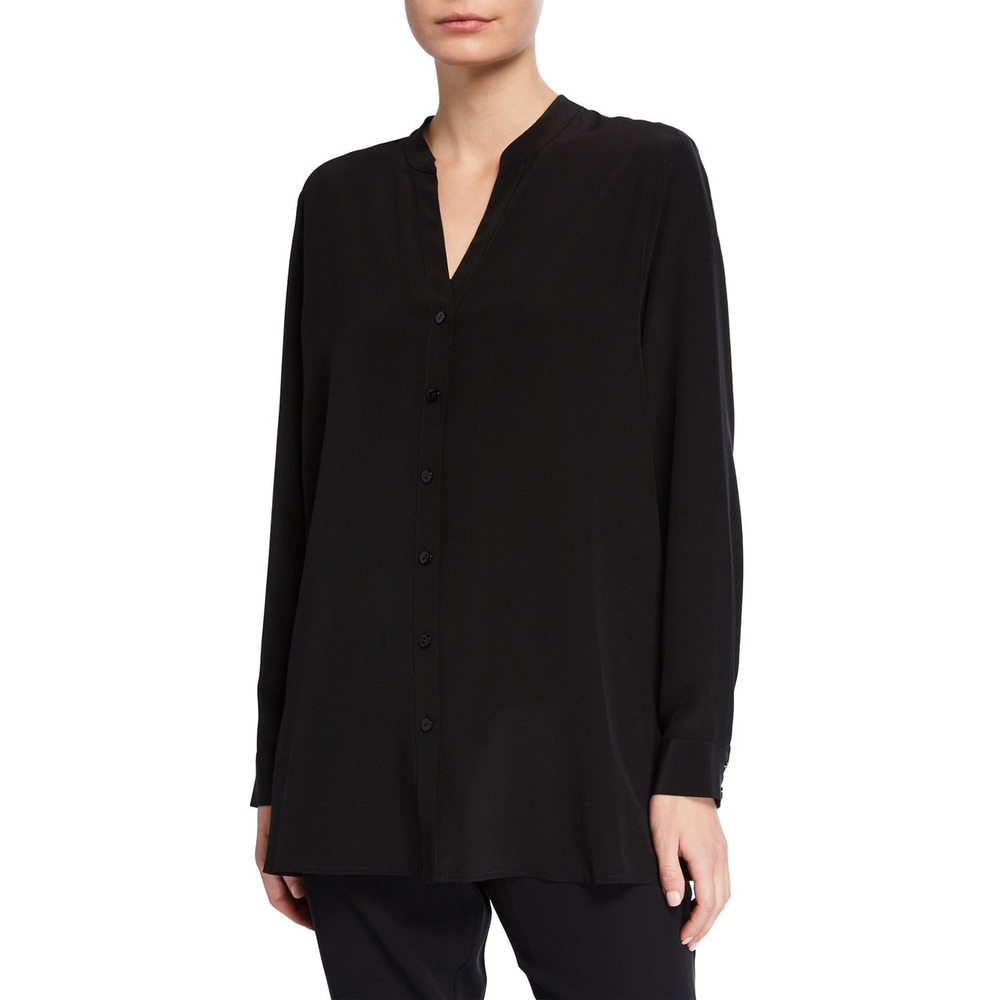 Eileen Fisher Silk Georgette Crepe V-Neck Button Up Top Black F9HN1-T4465X 1X